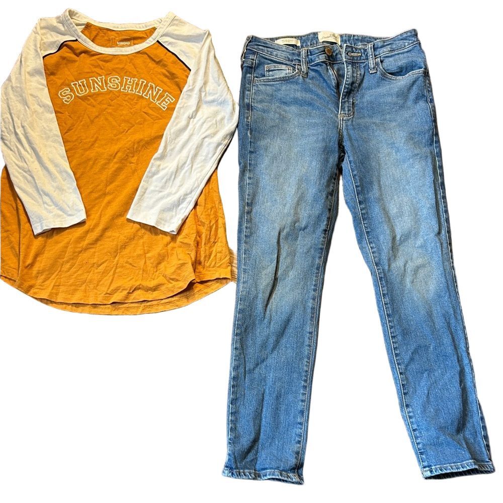 Orange and White Long Sleeve Shirt with Blue Jeans box 22